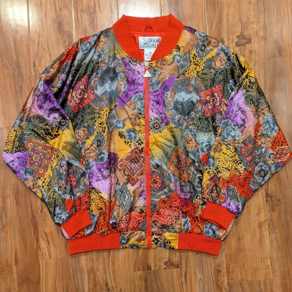 Vintage Casual Isle Bomber‎ Jacket Print Full Zip Women's Oversized Medium Red